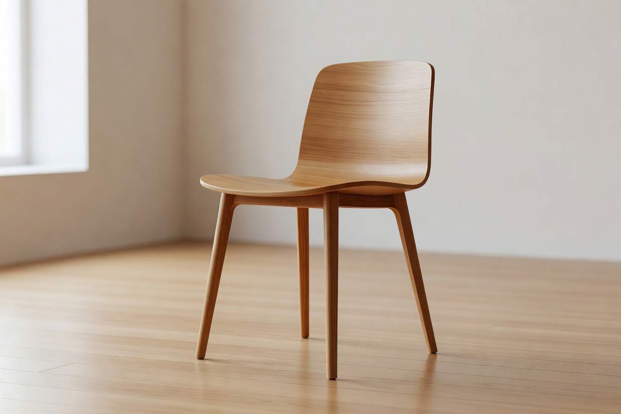 A simple accent chair with a curved seat and slender supporting legs.