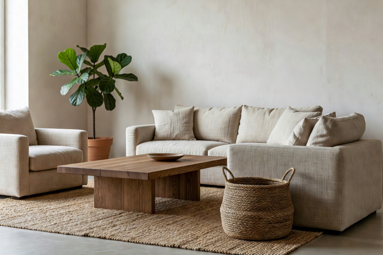 Contemporary interior combining wooden furniture, upholstered seating and natural textures.
