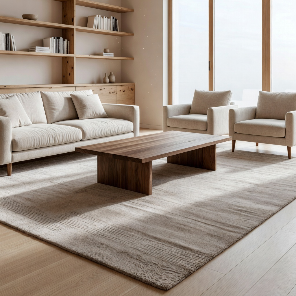 Light-filled contemporary living room with neutral seating, timber furniture and a generous rug.