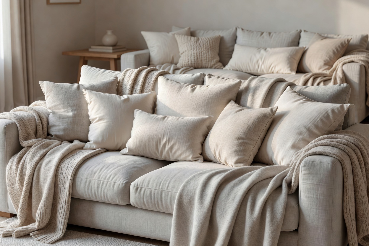 Neutral living-room seating layered with cushions and soft textiles.