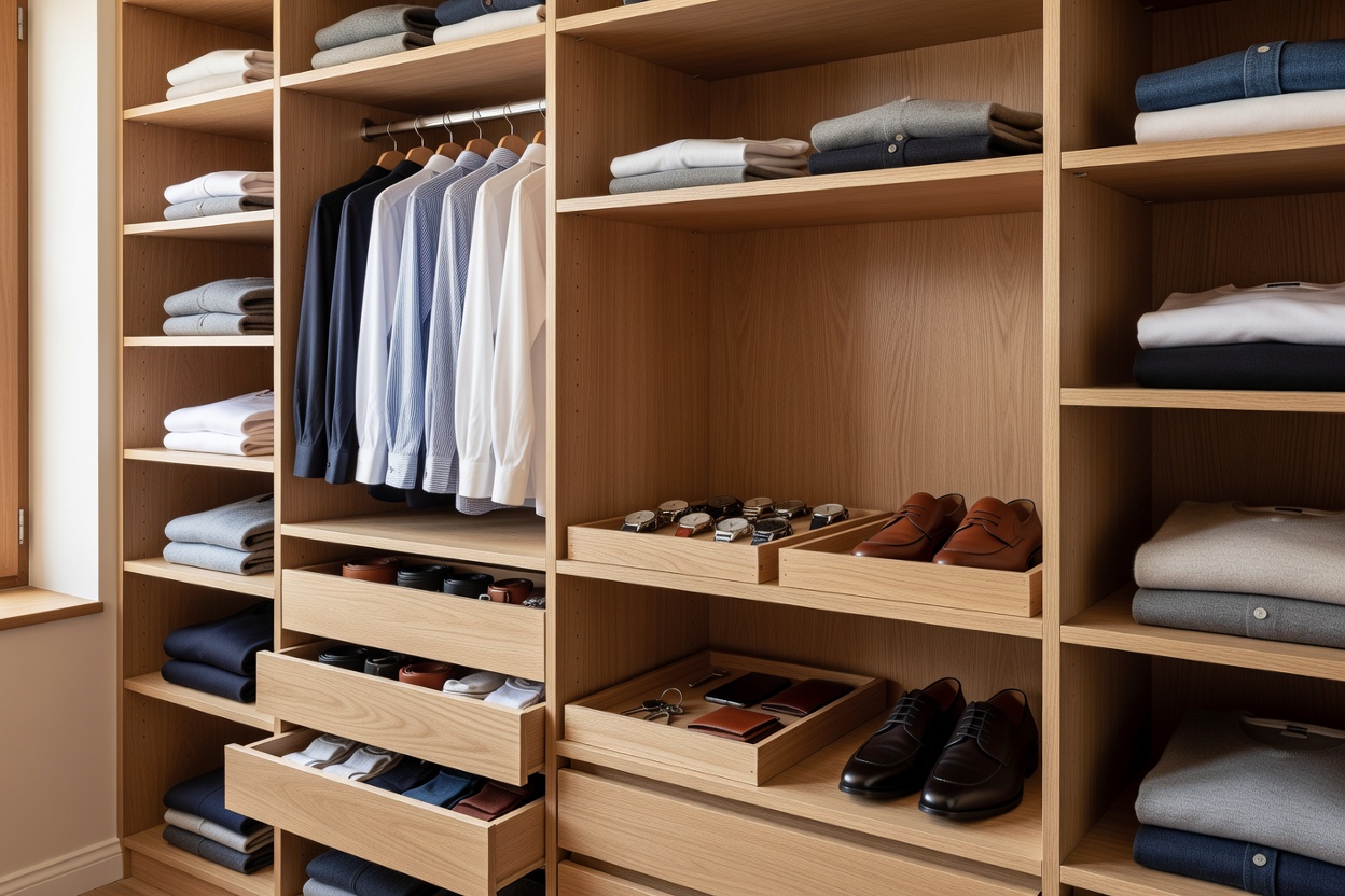 Wardrobe storage arranged with dedicated compartments for clothing and everyday belongings.