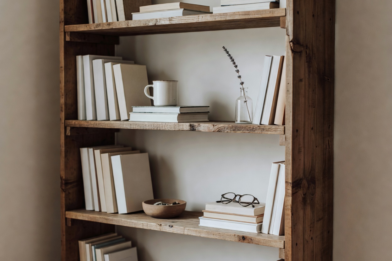 Wooden shelving with books and everyday objects against a light wall.